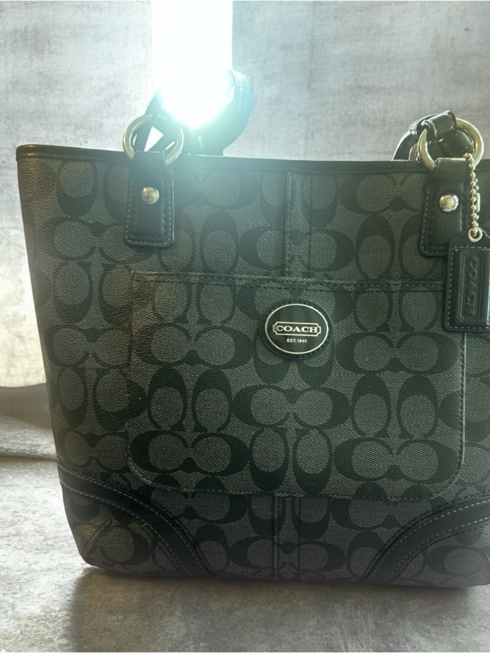 Coach Black Signature Canvas Tote with Front Pocket